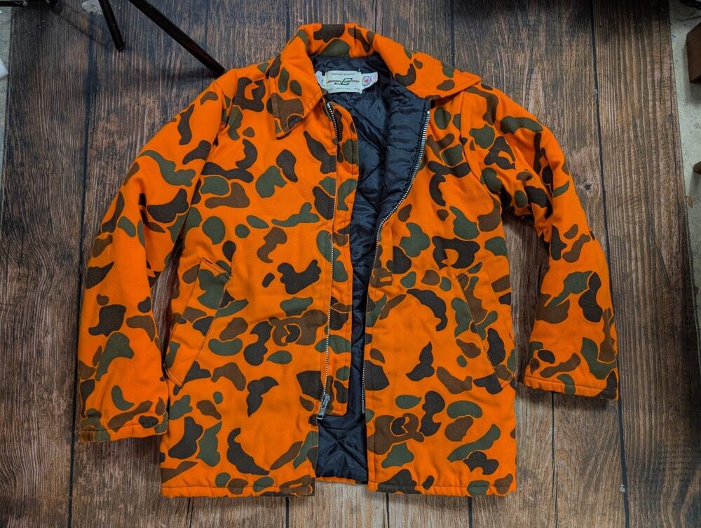 Vintage 80s Johnson Garments Blaze Orange Camouflage Full Zip Jacket Small